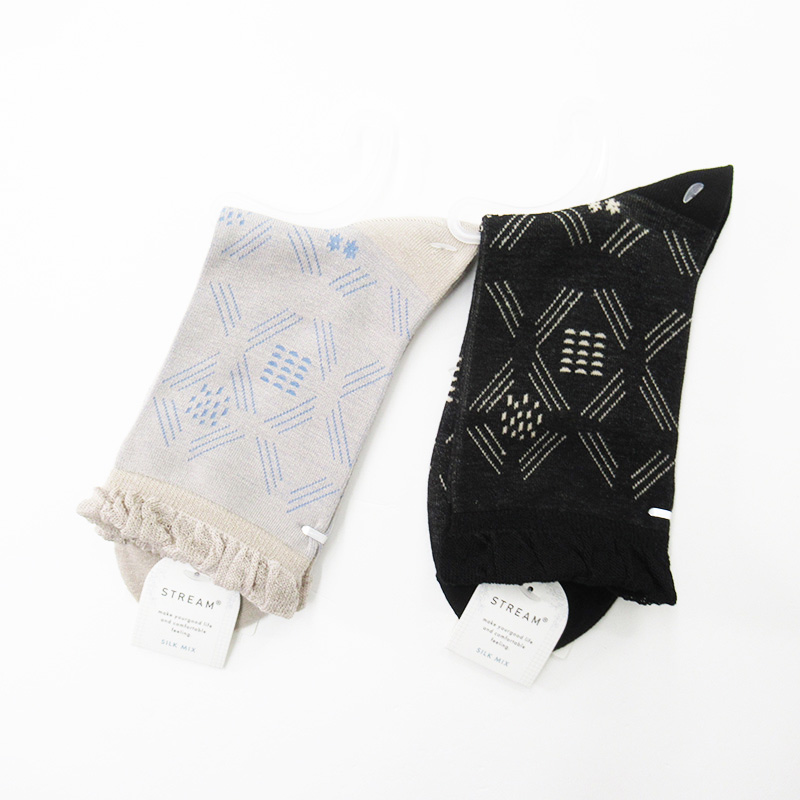 STREAM シルクMIX フレーム柄クルーソックス